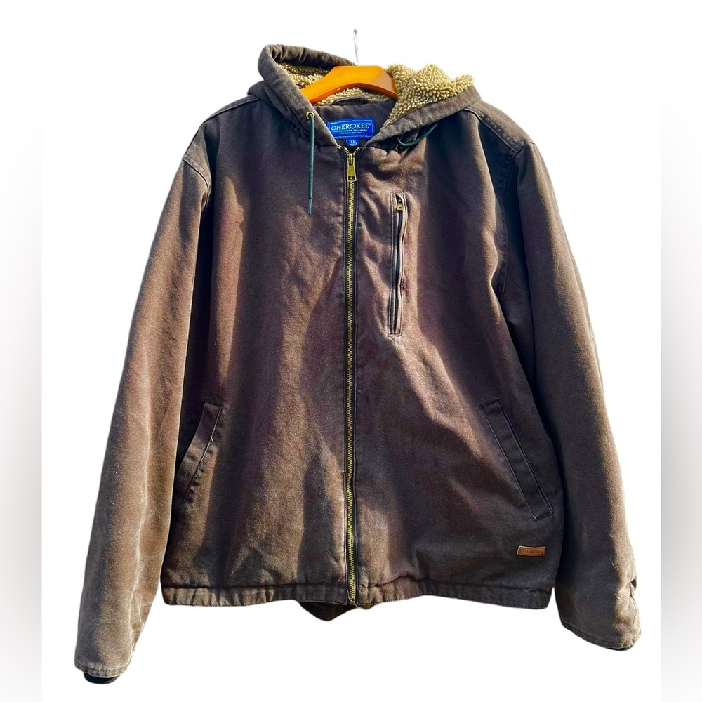 CHEROKEE Men's Duck Canvas Zip Up Hoodie Jacket with Sherpa Lining.